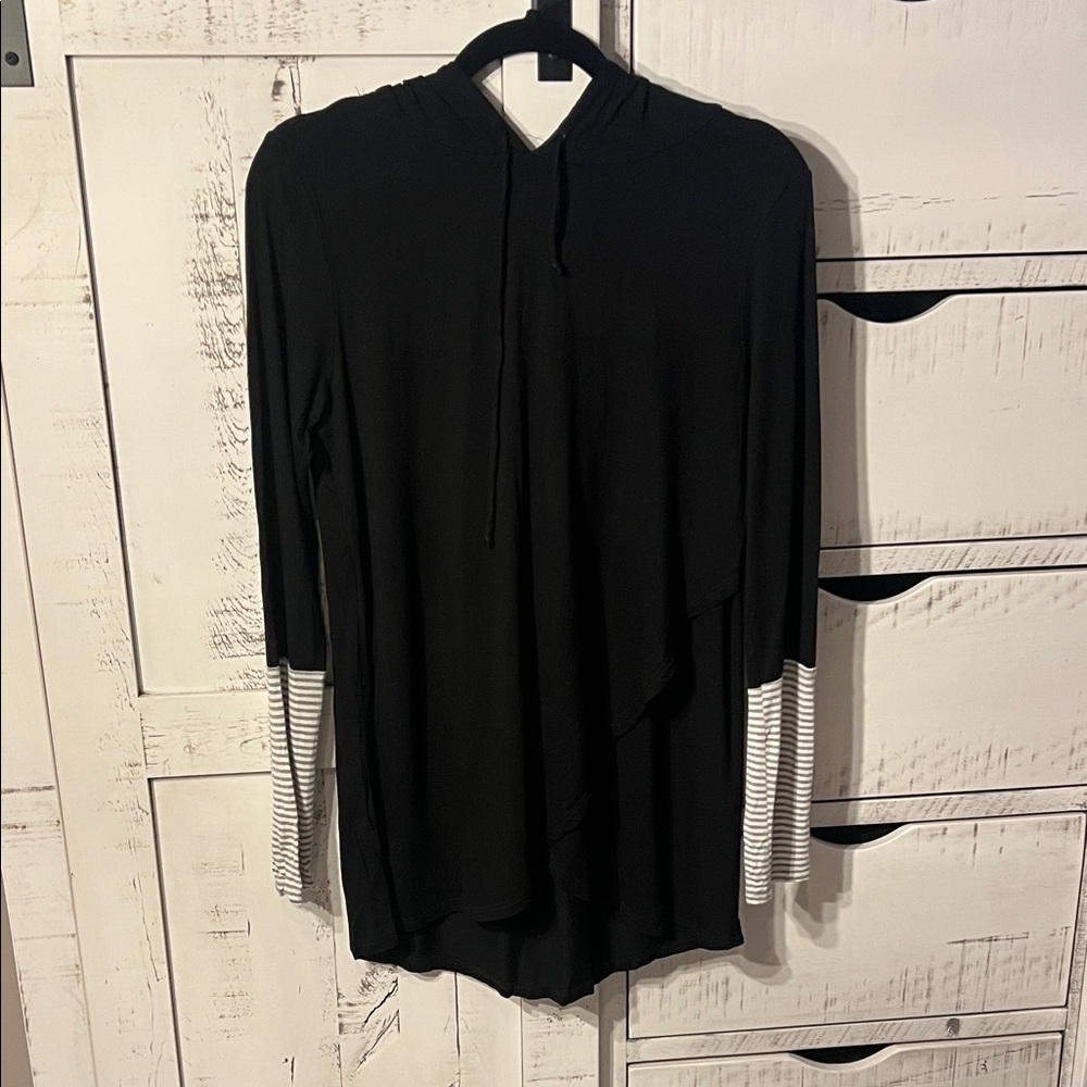 Black Hooded Top with Striped Sleeves